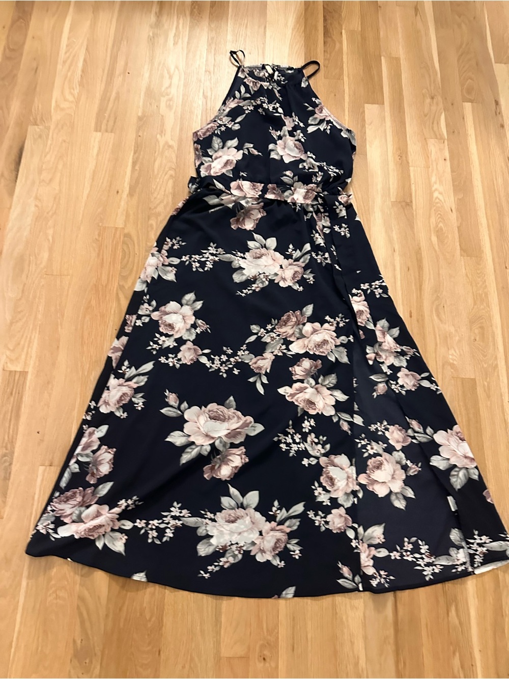 Floerns Womens Medium Navy Floral Maxi Dress Halter Tie Back Belted Sleeveless